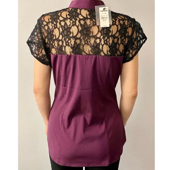 EXPRESS Maroon Burgundy Black Lace goth Top Career Work Blouse size XS - Picture 2 of 6